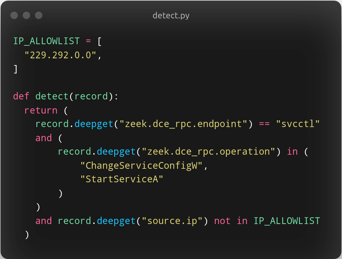 An example Matano Python detection on Zeek data checking for a Windows service changed remotely
